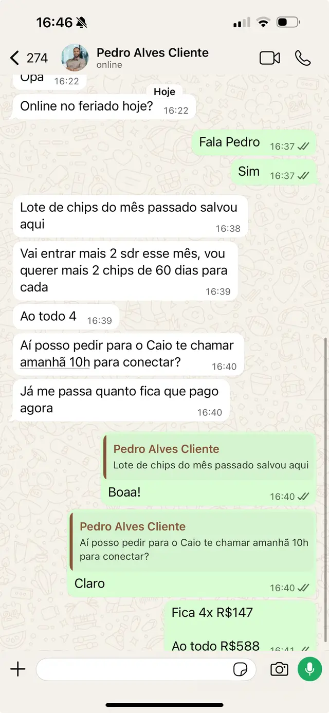 Cliente pedindo novos chips de 60 dias